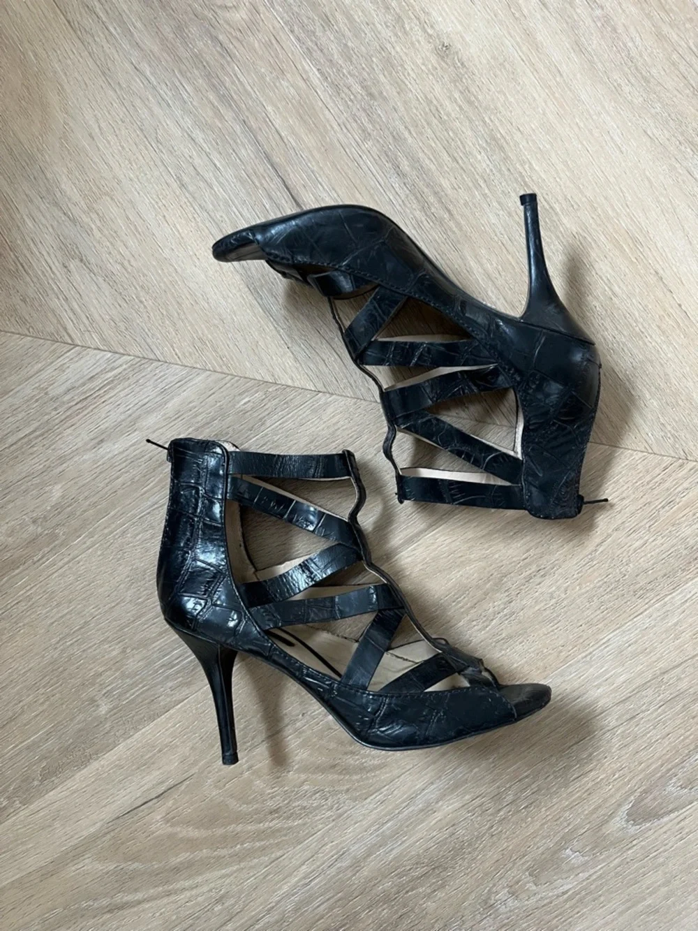 Zara Black Croc-Embossed Strappy High Heel Sandals - Picture 1 of 7